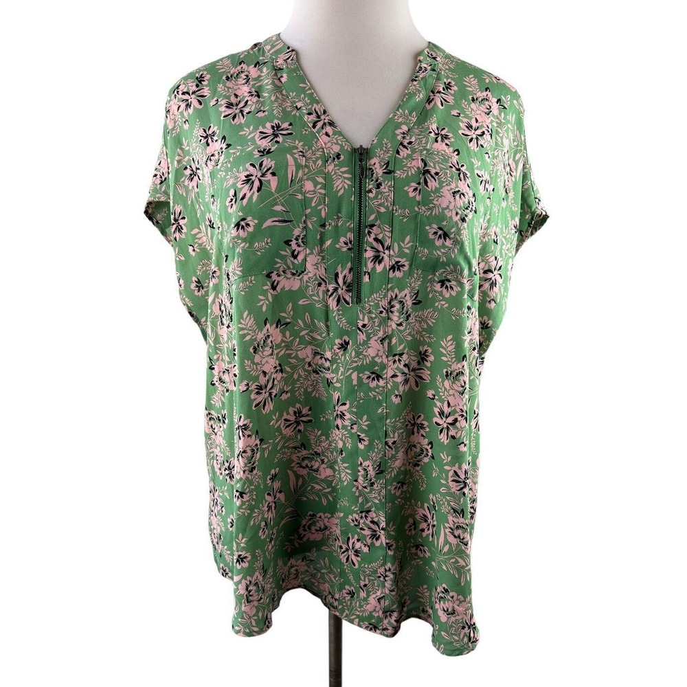 Torrid Georgette Zip Neck Dolman Blouse Green Pink Floral Botanical Plus Size 1X - Picture 2 of 10